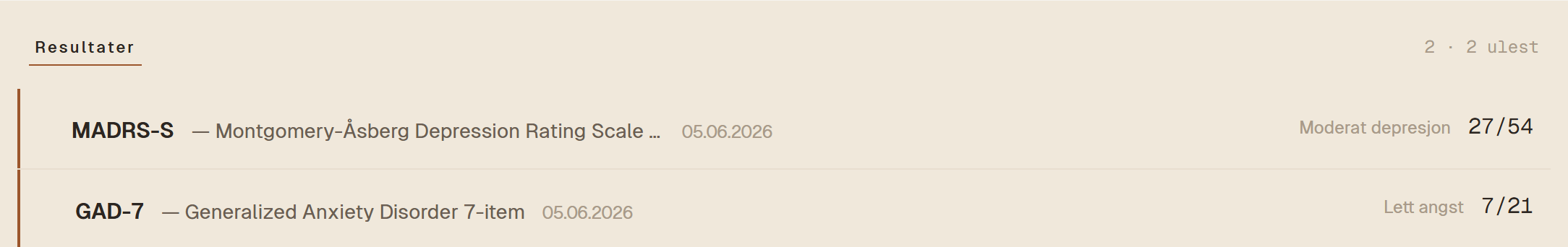 Pasientkort i Psyktest: resultatlisten viser GAD-7 og MADRS-S etter at pasienten har svart.