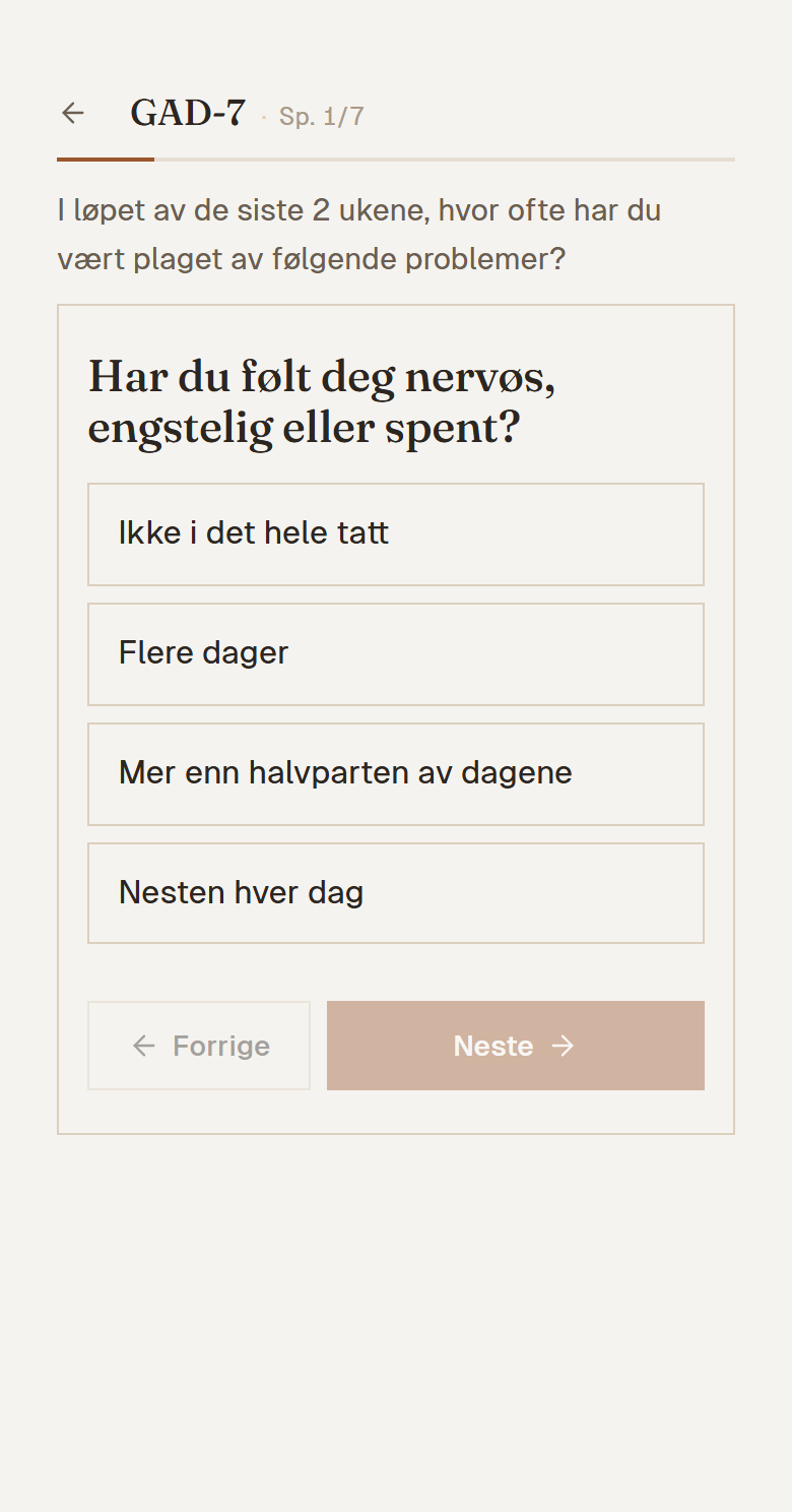Mobilvisning: pasienten svarer på første spørsmål i GAD-7.