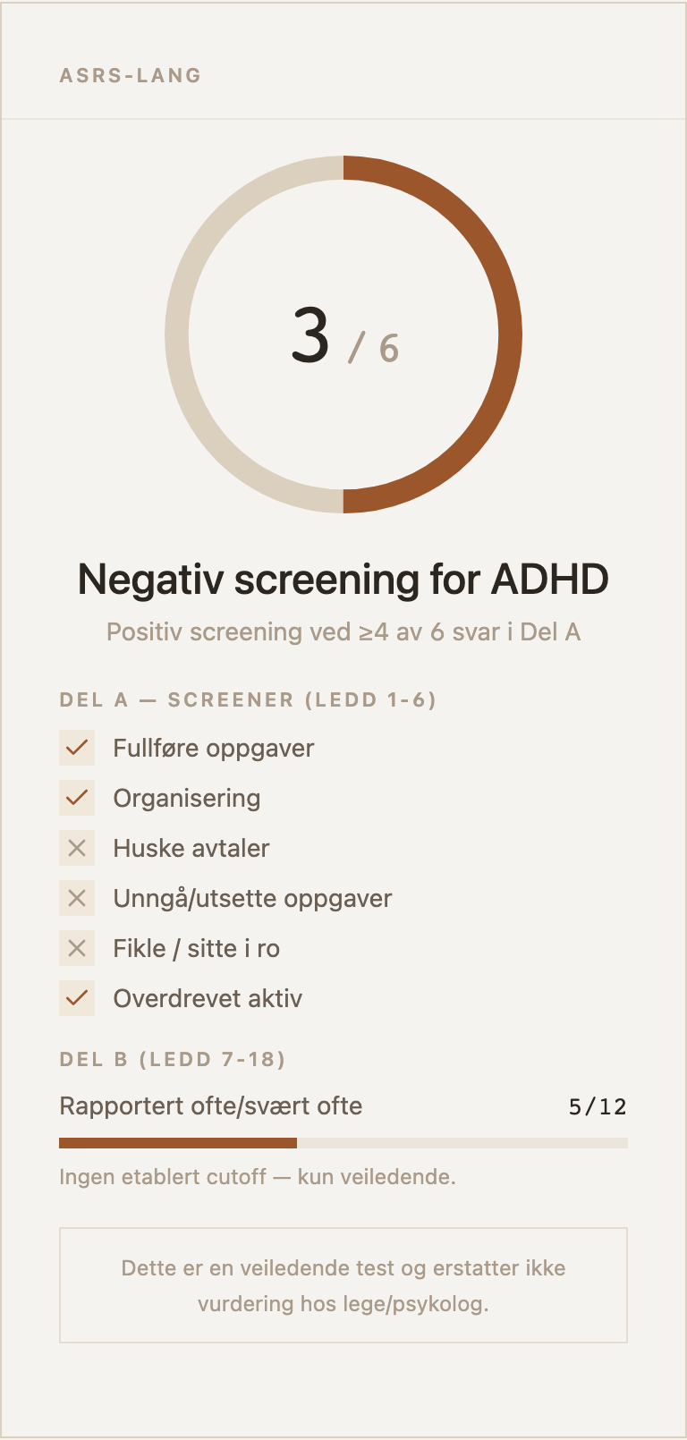Eksempel på resultatkort for ASRS-lang