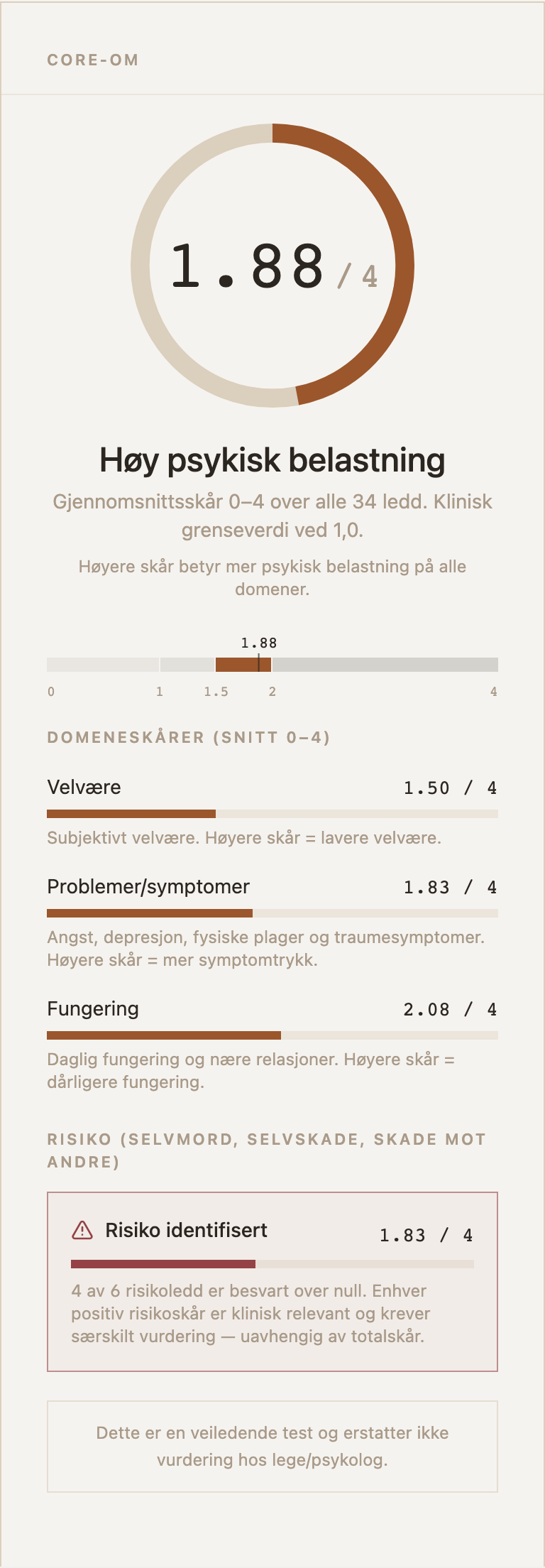 Eksempel på resultatkort for CORE-OM