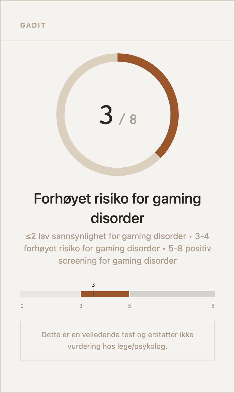 Eksempel på resultatkort for GADIT