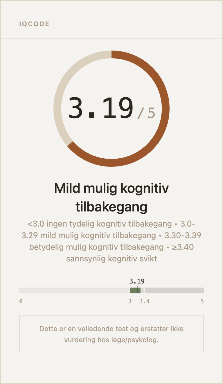 Eksempel på resultatkort for IQCODE