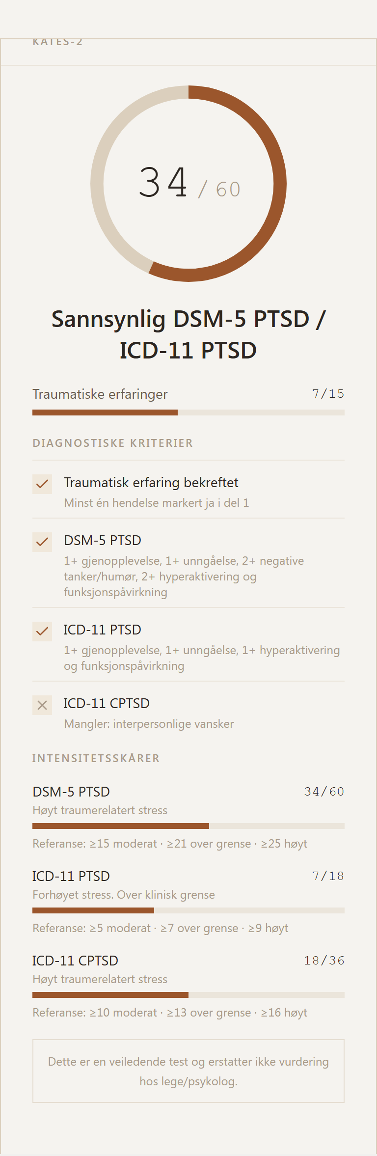 Eksempel på resultatkort for KATES-2