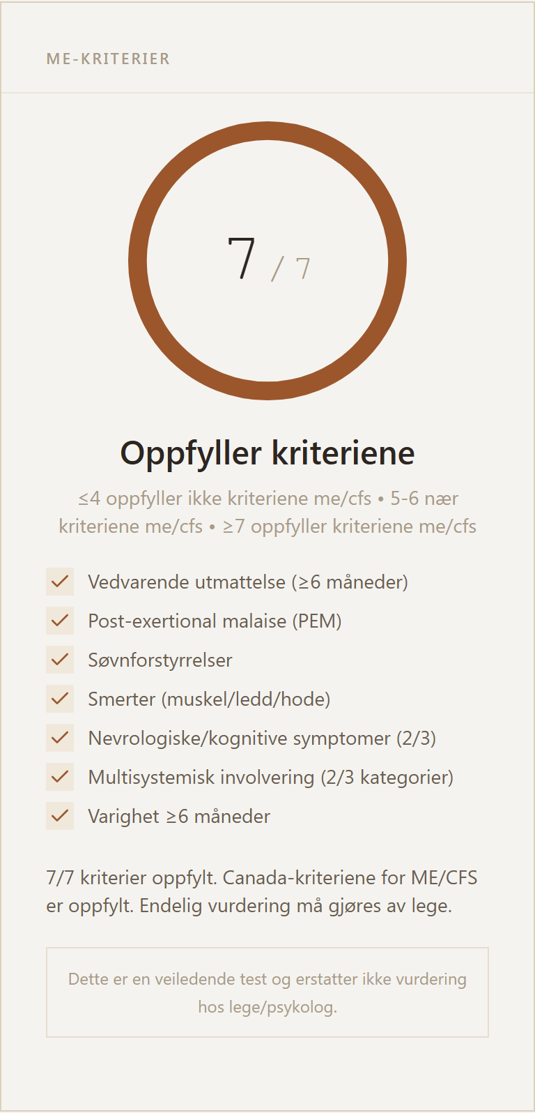 Eksempel på resultatkort for ME-kriterier