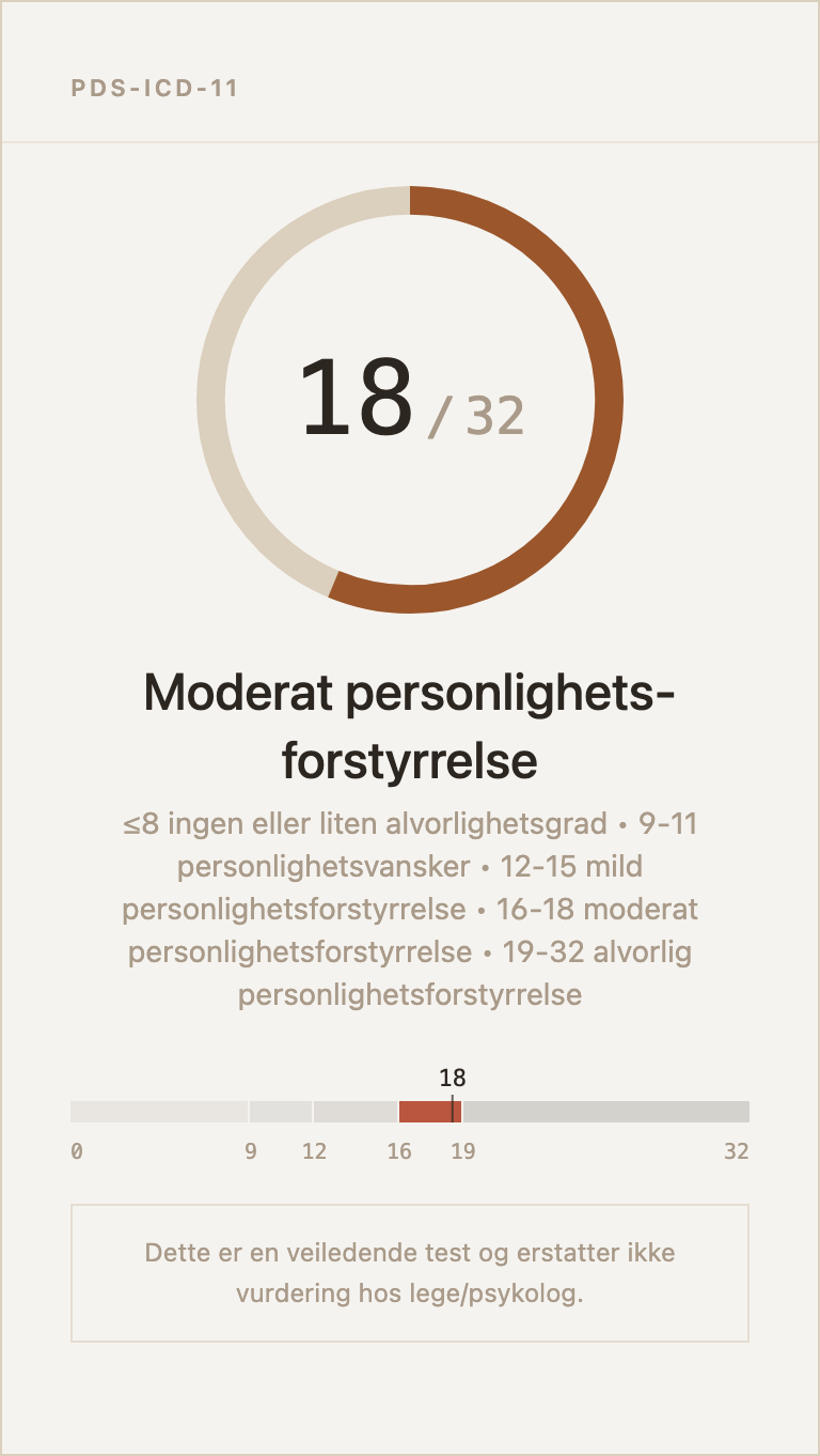 Eksempel på resultatkort for PDS-ICD-11