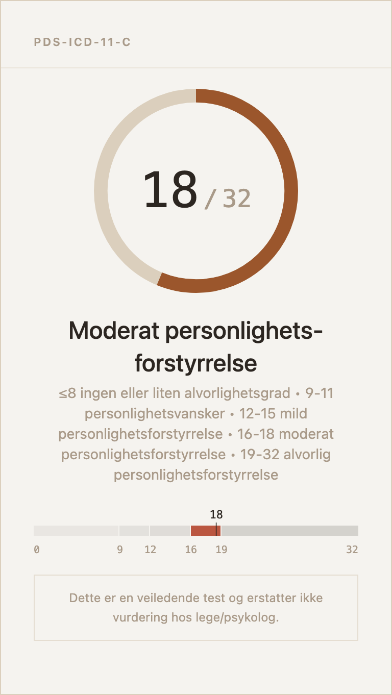 Eksempel på resultatkort for PDS-ICD-11-C