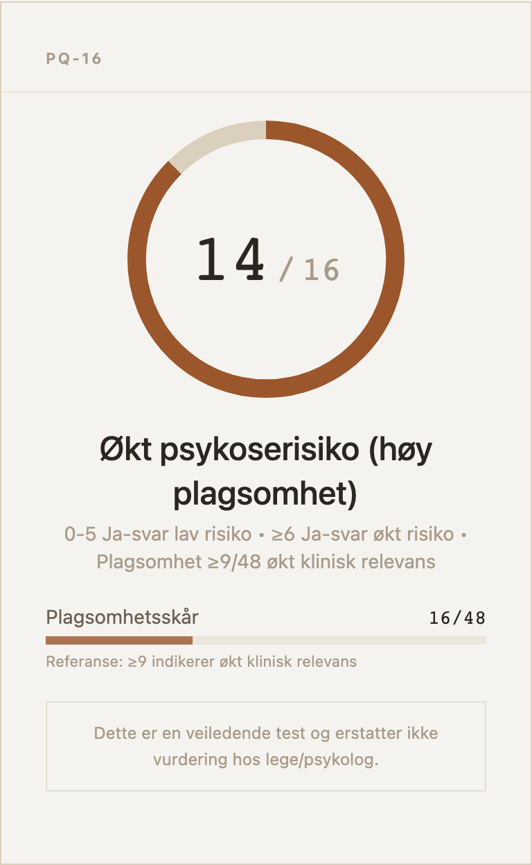 Eksempel på resultatkort for PQ-16