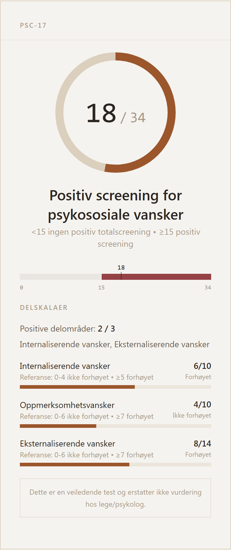 Eksempel på resultatkort for PSC-17