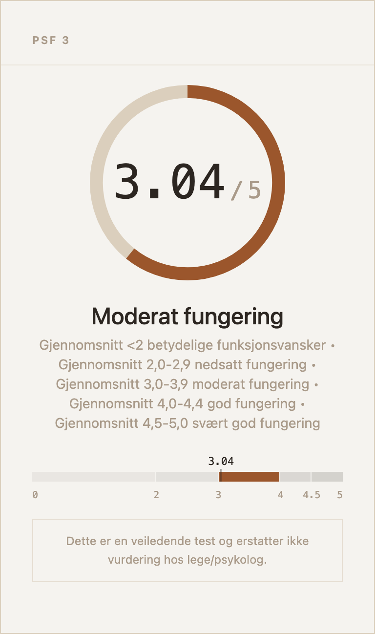 Eksempel på resultatkort for PSF 3