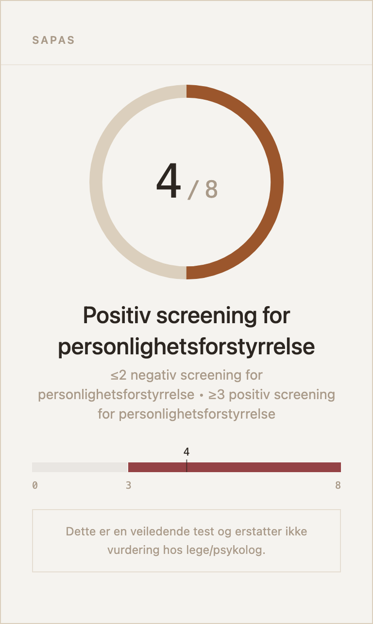 Eksempel på resultatkort for SAPAS