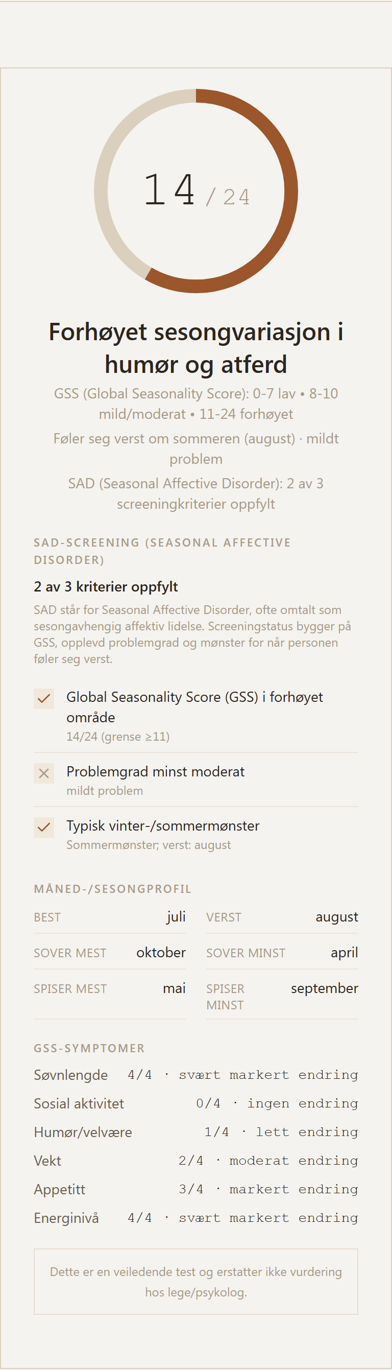 Eksempel på resultatkort for SPAQ