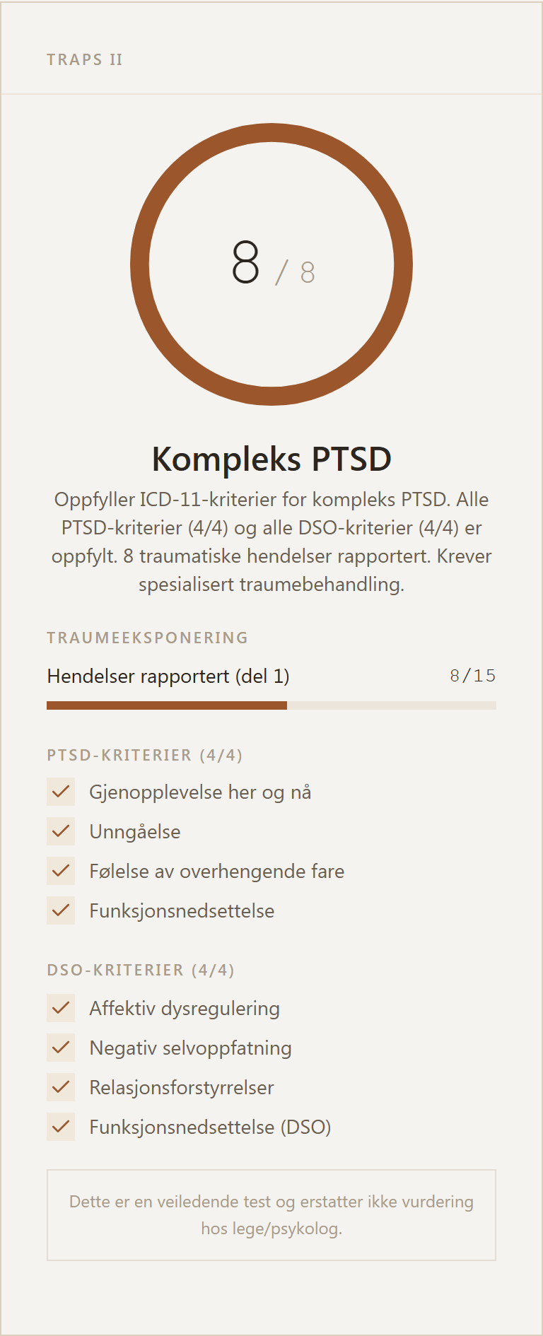 Eksempel på resultatkort for TRAPS II