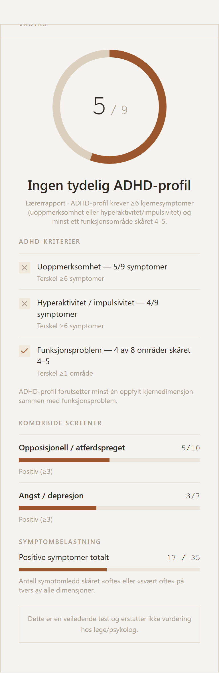 Eksempel på resultatkort for VADTRS